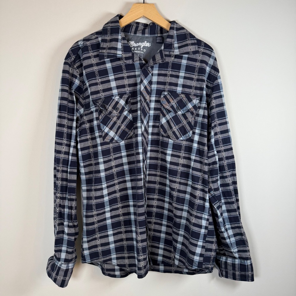 Wrangler Men's Retro Premium Western Plaid Button Up Shirt Top Large Navy Blue